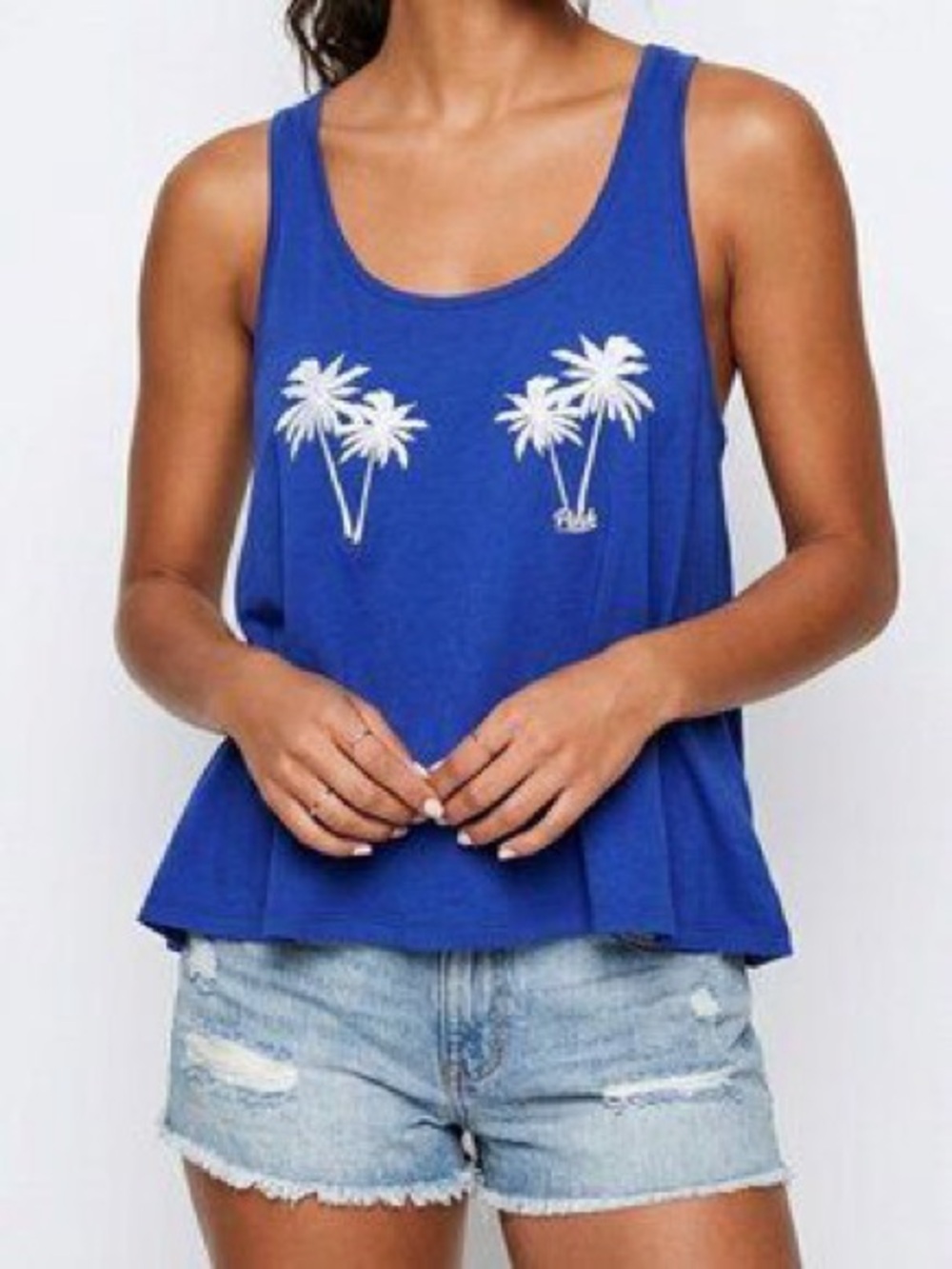 PINK Victoria's Secret Super Soft Royal Blue Palm Tree Scoop Tank Top Beach Med